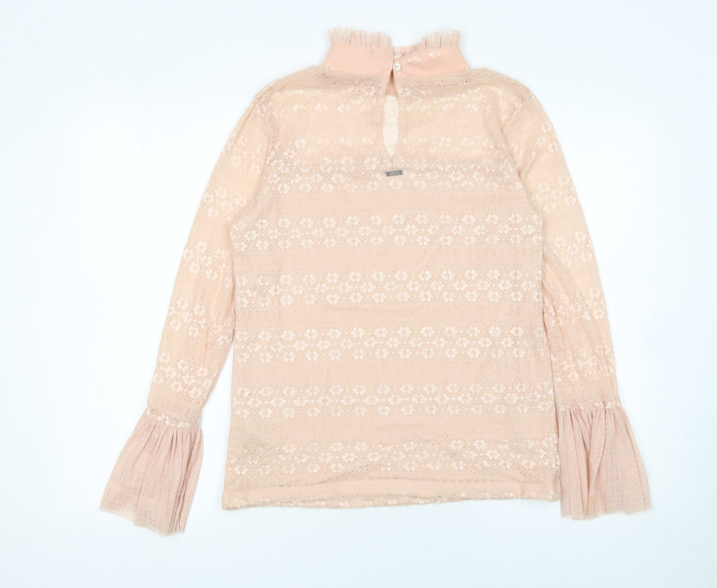 Guess Womens Beige Lace Flared Sleeve High Neck Blouse XL