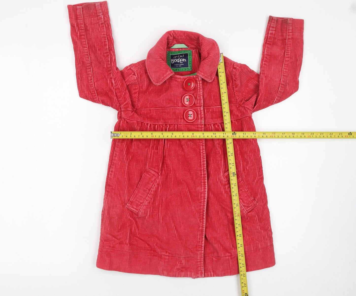 Mini Boden Girls Red Corduroy Button Coat 3-4 Years Lined Mid-Length