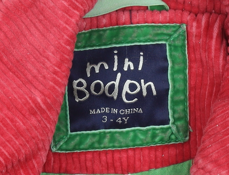 Mini Boden Girls Red Corduroy Button Coat 3-4 Years Lined Mid-Length