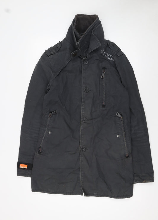 Superdry Men's Black Cotton Trench Coat Jacket S Military Style