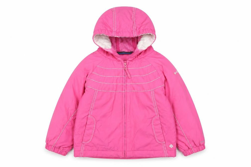 Front view of Columbia girls’ pink hooded puffer jacket 4 years waterproof winter coat