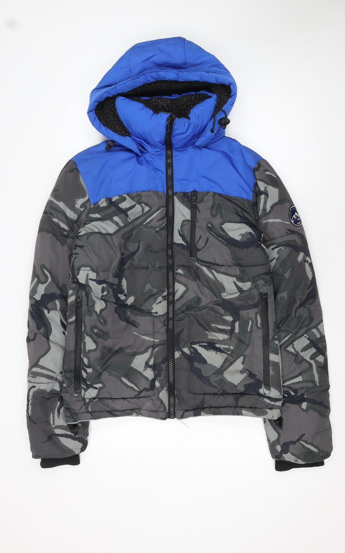 Superdry Men's Blue Camo Hooded Puffer Jacket Size S