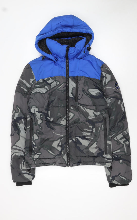 Superdry Men's Blue Camo Hooded Puffer Jacket Size S
