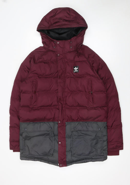 Adidas Mens Burgundy & Grey Hooded Puffer Jacket Size M Winter Coat