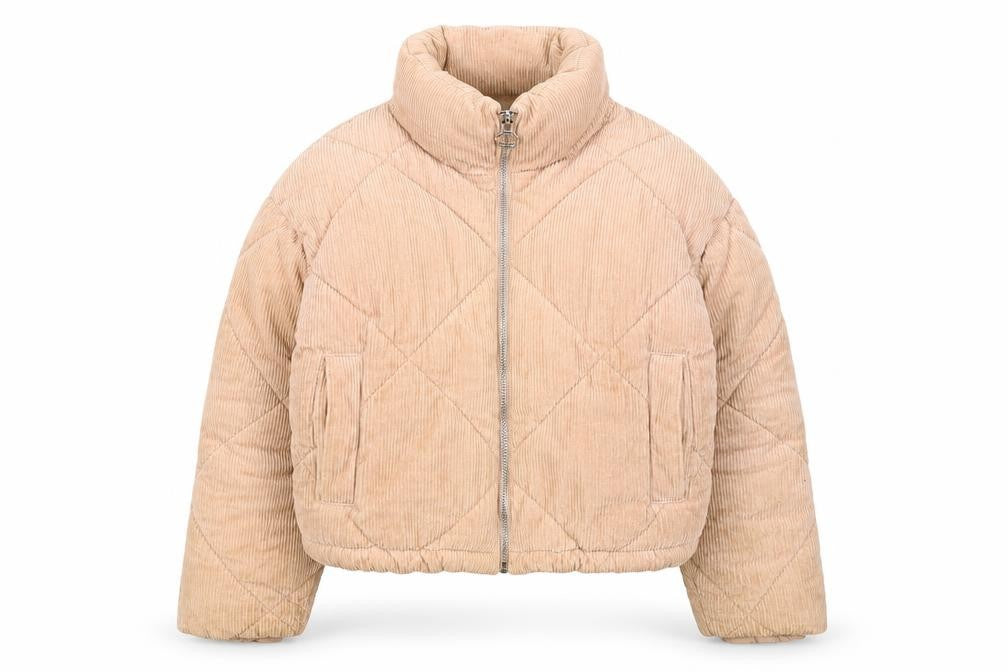 Topshop Women Beige Corduroy Puffer Jacket Size 8 Quilted Cropped