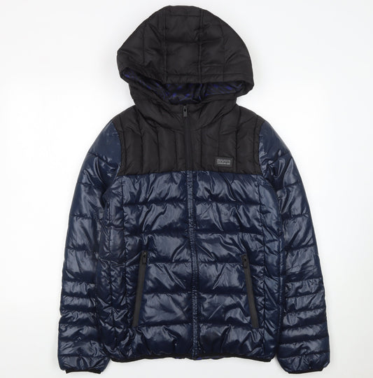 River Island Boys Black Blue Hooded Puffer Jacket 15-16 Years Polyester