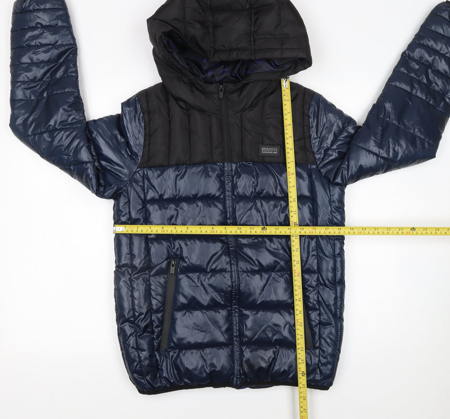 River Island Boys Black Blue Hooded Puffer Jacket 15-16 Years Polyester