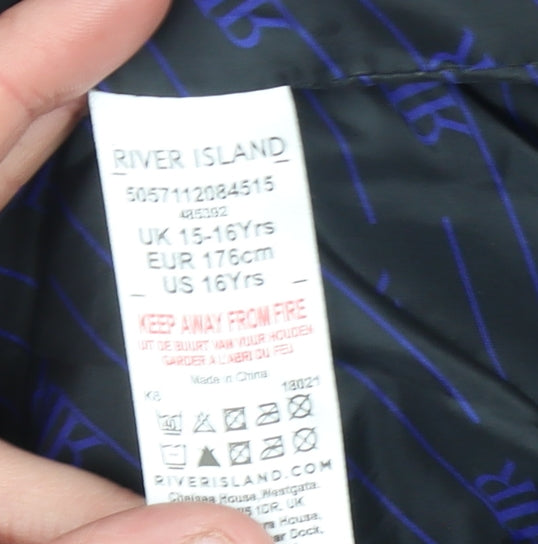 River Island Boys Black Blue Hooded Puffer Jacket 15-16 Years Polyester