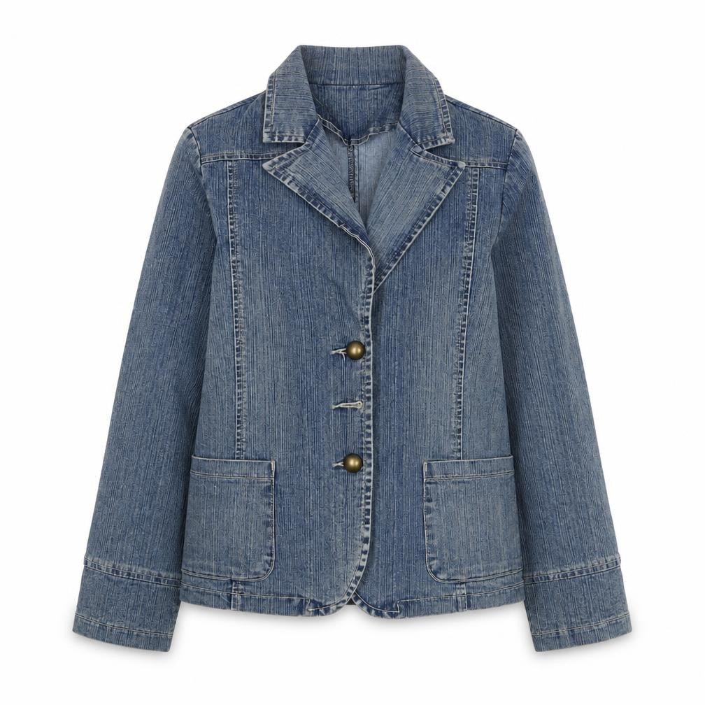 Front view of Sophie girls’ blue denim basic jacket 14 years collared button casual