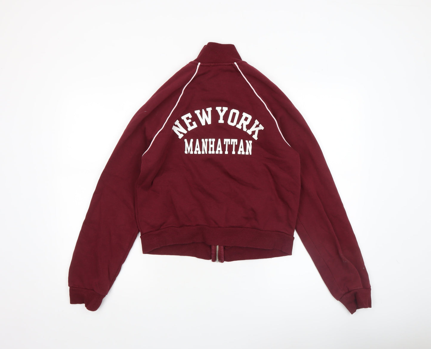 Zara Women Red Cropped Bomber Jacket M New York Manhattan Embroidered