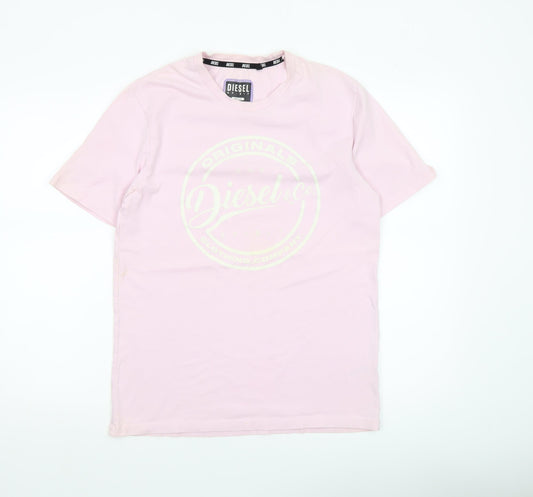 Diesel Men Pink Cotton Graphic Logo Crew Neck T-Shirt Medium