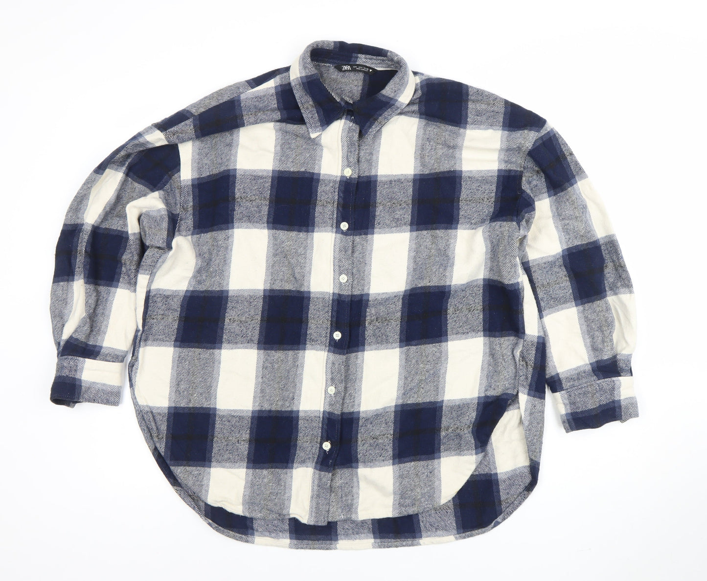 ZARA Women Blue Check Flannel Cotton Long Sleeve Button-Up Shirt Size 12