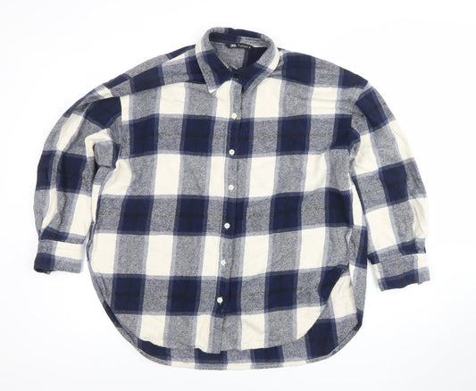 ZARA Women Blue Check Flannel Cotton Long Sleeve Button-Up Shirt Size 12