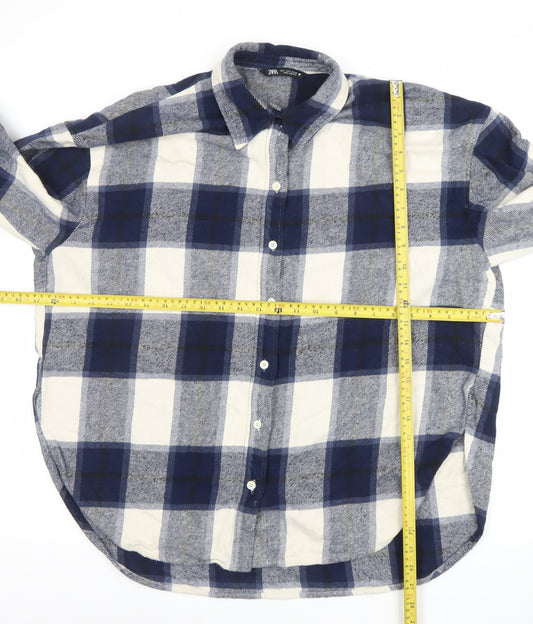 ZARA Women Blue Check Flannel Cotton Long Sleeve Button-Up Shirt Size 12