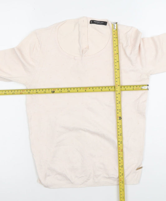 Mango Women Beige Knit Long Sleeve Scoop Neck Basic Blouse Size S