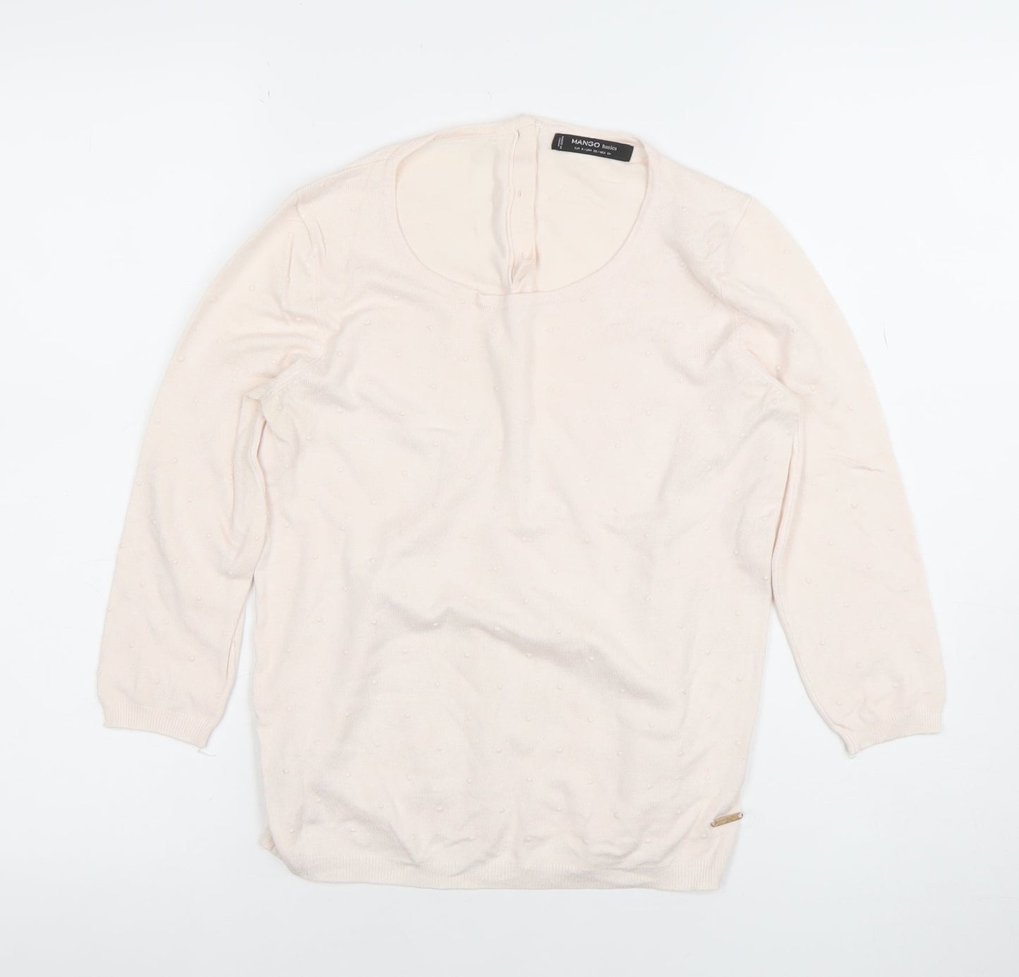 Mango Women Beige Knit Long Sleeve Scoop Neck Basic Blouse Size S