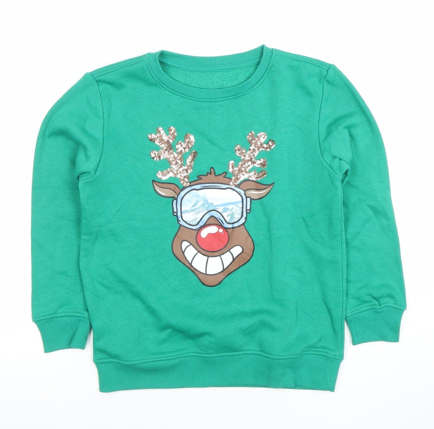 Dunnes Stores Boys Green Reindeer Sequin Christmas Sweatshirt 7-8 Years