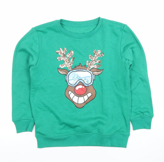 Dunnes Stores Boys Green Reindeer Sequin Christmas Sweatshirt 7-8 Years