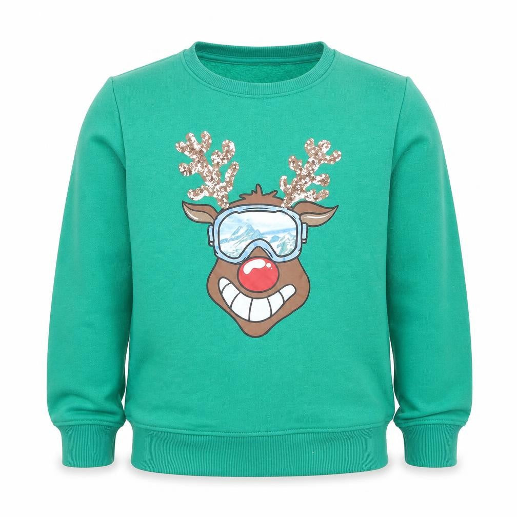 Front view of Dunnes boys’ green reindeer sequin christmas sweatshirt 7-8 years