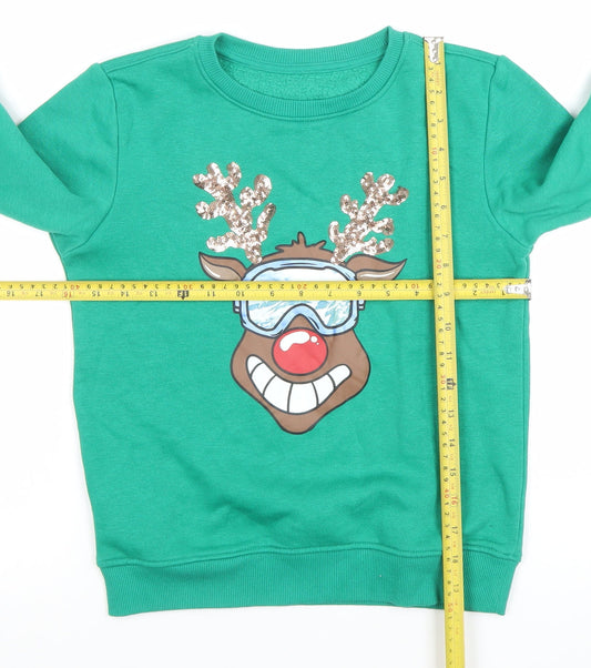 Dunnes Stores Boys Green Reindeer Sequin Christmas Sweatshirt 7-8 Years