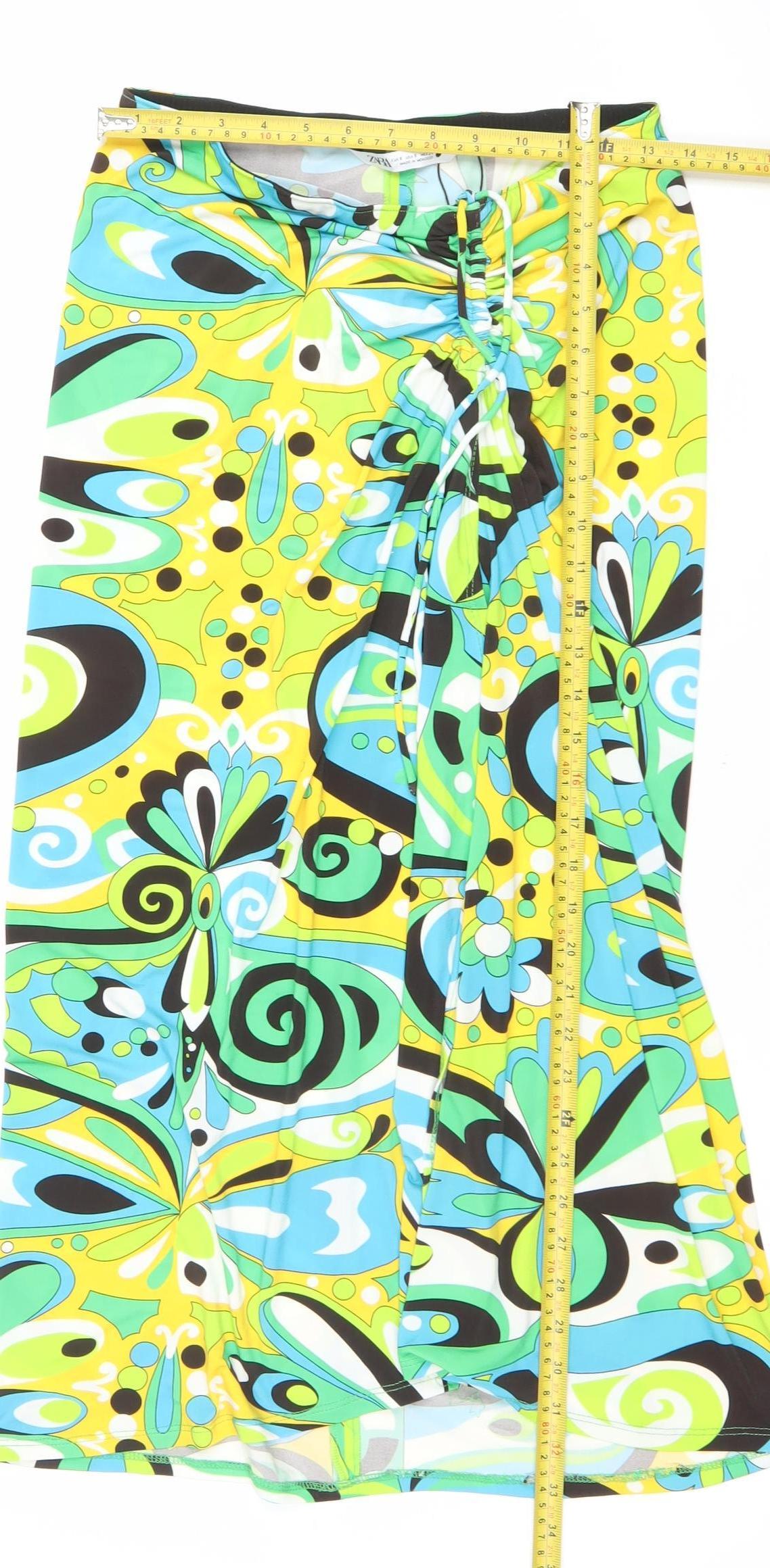 Zara Women Multicoloured S Wrap Midi Skirt Retro Print Stretch