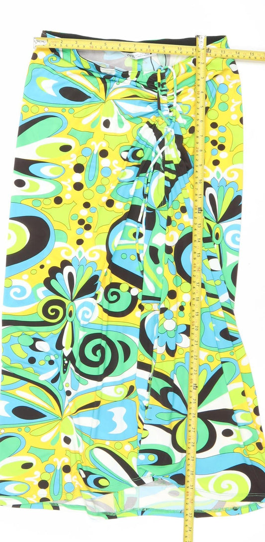 Zara Women Multicoloured S Wrap Midi Skirt Retro Print Stretch