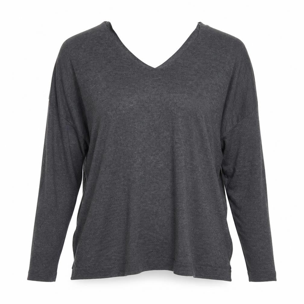 Front view of Gallery women’s grey v-neck long sleeve basic top xs