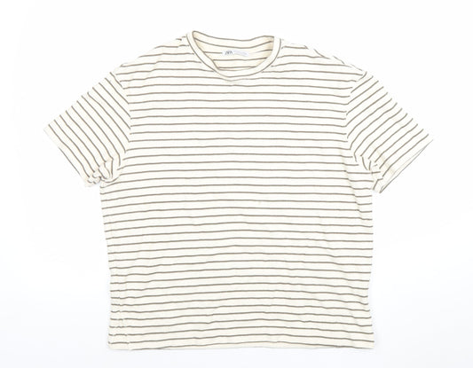 Zara Womens Ivory Striped Cotton Blend Short Sleeve T-Shirt S