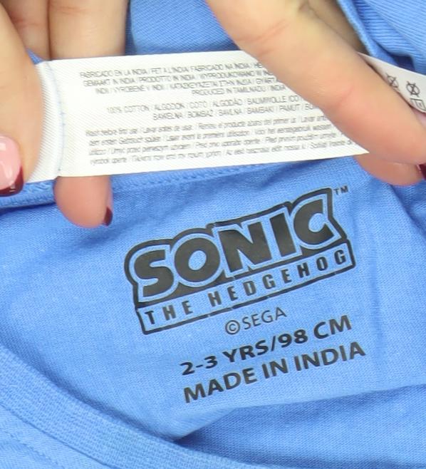 Sonic the Hedgehog Boys Blue Graphic T-Shirt 2-3 Years Short Sleeve Cotton