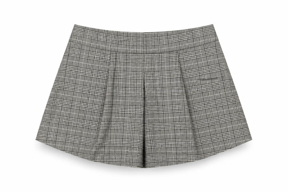 Front view of Zara Woman Grey Check Pleated Chino Shorts, size L