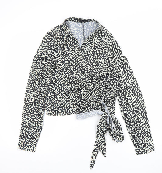 PrettyLittleThing Womens Black Animal Print Wrap Blouse UK 8
