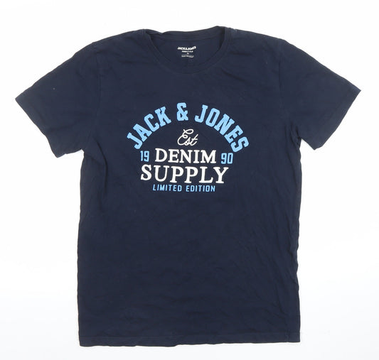 Jack & Jones Men's Blue Graphic Print Crew Neck T-Shirt Size M