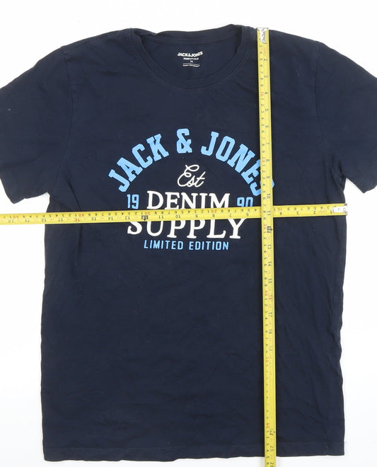 Jack & Jones Men's Blue Graphic Print Crew Neck T-Shirt Size M