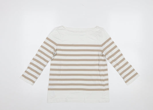 MNG Womens Beige Striped 3/4 Sleeve Boat Neck Cotton T-Shirt Size S