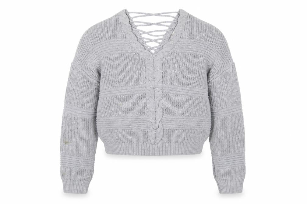 Front view of Miss Selfridge Women Grey V-Neck Cable-Knit jumper, size 8