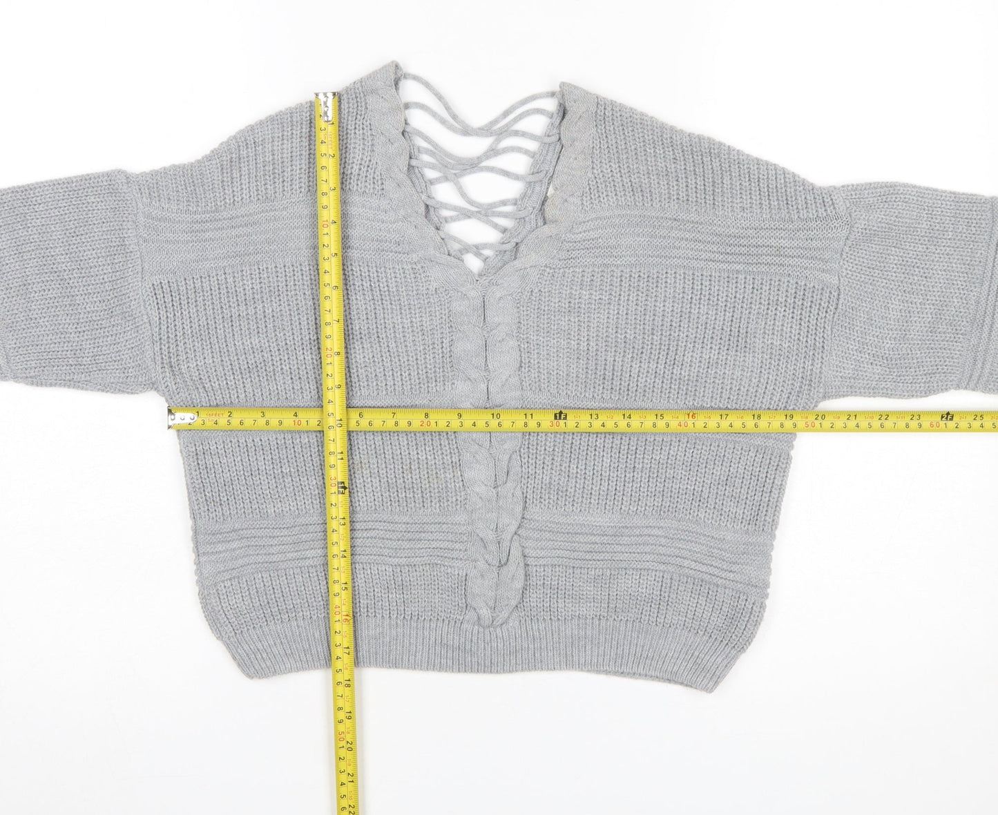 Miss Selfridge Women Grey V-Neck Cable-Knit Pullover Jumper Size 8
