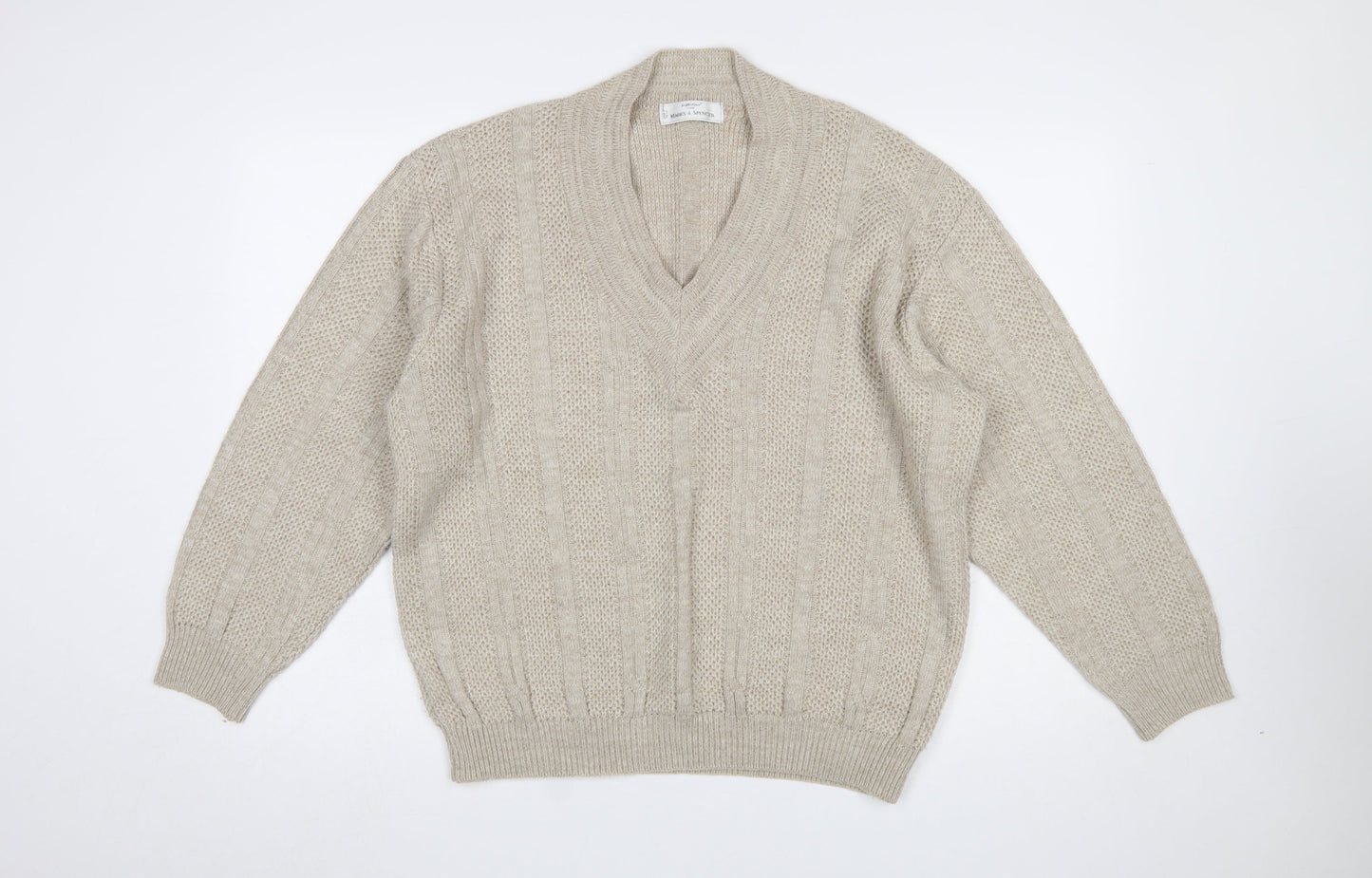 Marks & Spencer Men’s Beige V-Neck Cable-Knit Jumper Medium