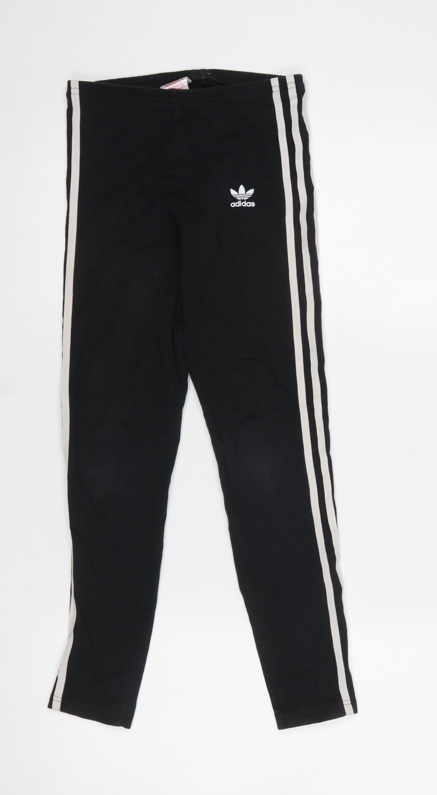 Adidas Girls Black Ankle Leggings 11-12 Years Cotton Stretch Side Stripe