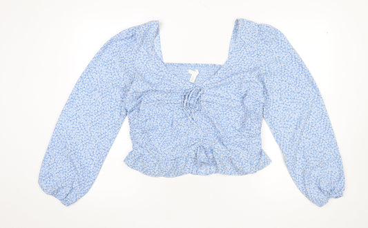 H&M Women’s Blue Floral Cropped Blouse Size L Long Sleeve Boho