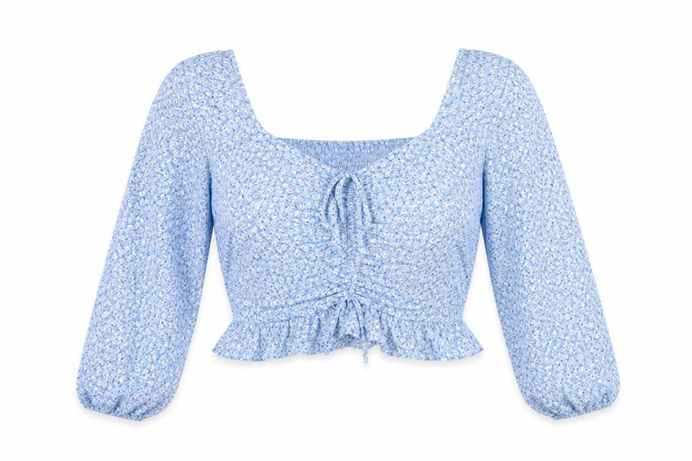 H&M Women’s Blue Floral Cropped Blouse Size L Long Sleeve Boho