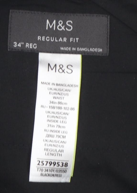 Marks and Spencer Men's Black Regular Fit Polyester Trousers 34W 31L