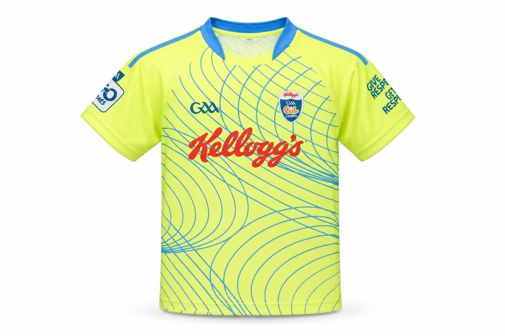 Front view of O'Neill boys’ yellow gaa kellogg's cool camps jersey t-shirt, size 3, years