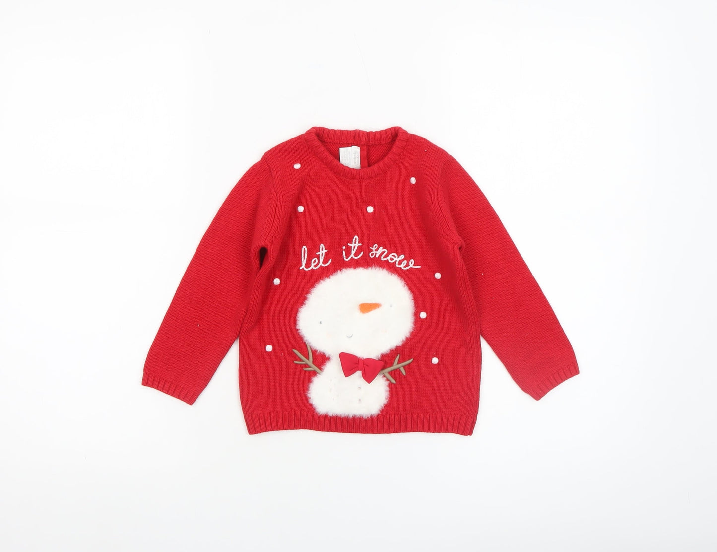 Mamas & Papas Girls Red Christmas Snowman Jumper 2-3 Years Cotton Pullover