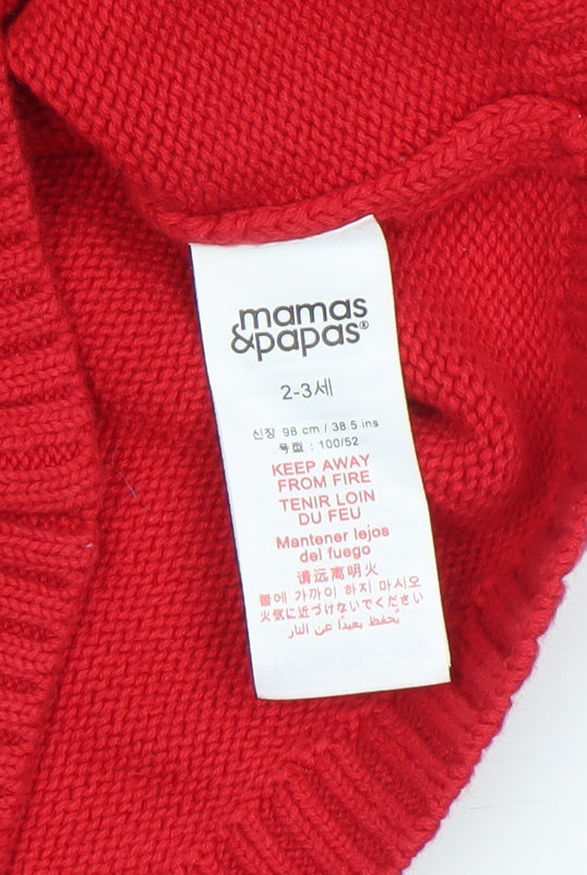 Mamas & Papas Girls Red Christmas Snowman Jumper 2-3 Years Cotton Pullover