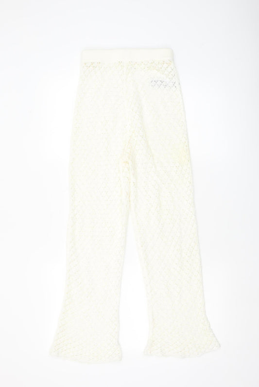 Oysho Women Ivory XS Crochet Cotton Flared Trousers