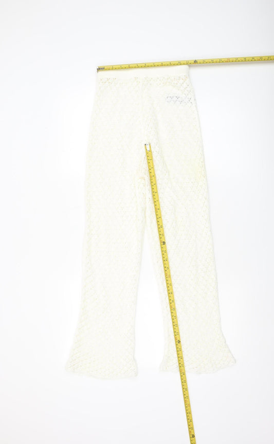 Oysho Women Ivory XS Crochet Cotton Flared Trousers