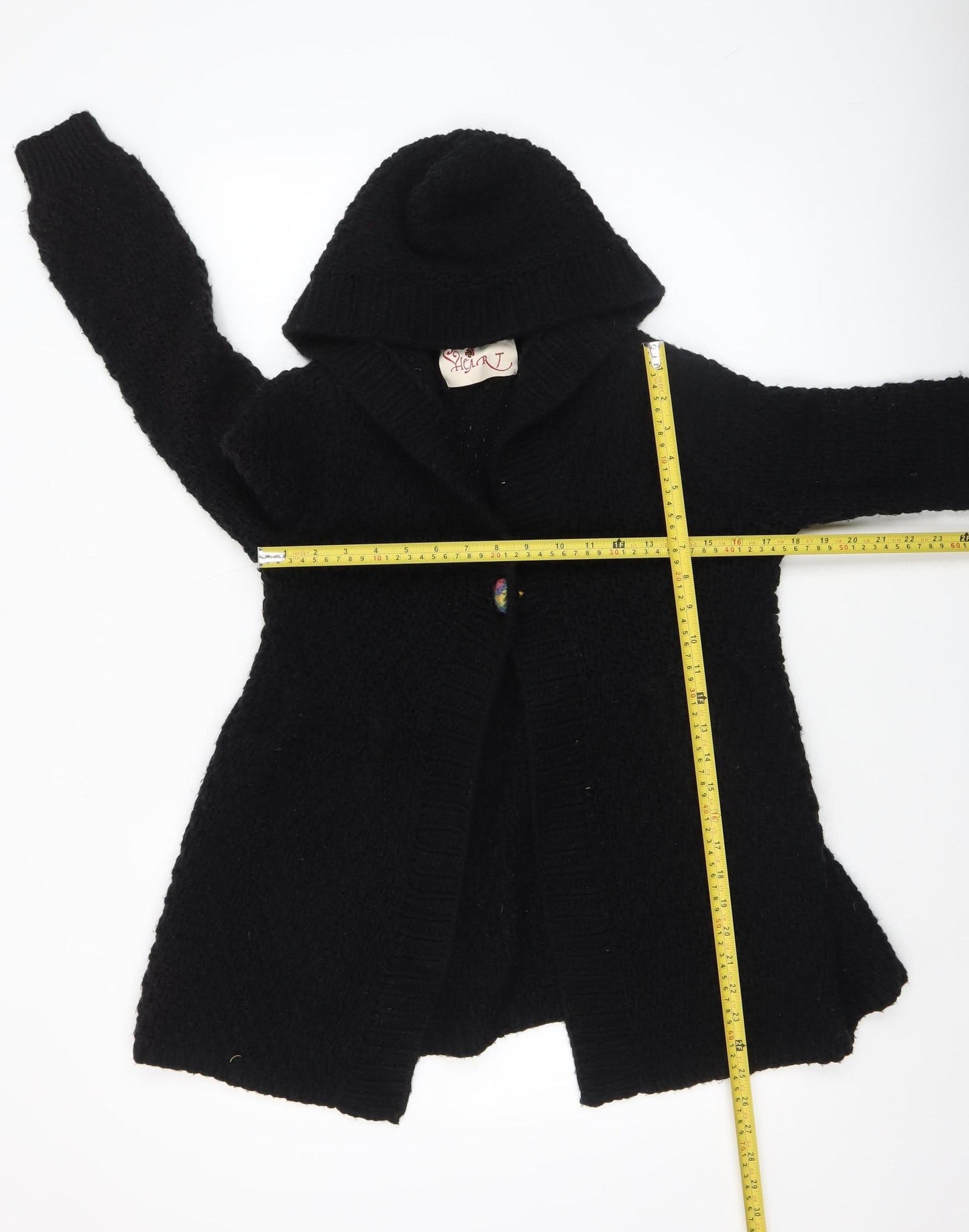 Heart Womens Black Chunky-Knit Hooded Cardigan M/L Acrylic