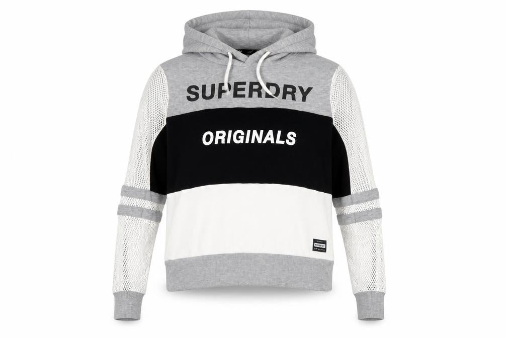 Superdry Womens Grey Black White Hooded Pullover Hoodie Medium