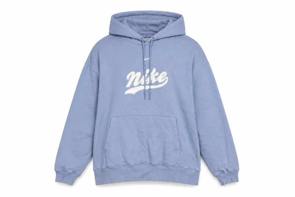 Nike Women Blue Pullover Hoodie L Logo Print Cotton Blend