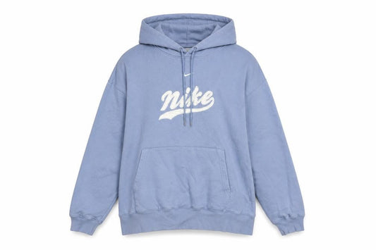 Nike Women Blue Pullover Hoodie L Logo Print Cotton Blend